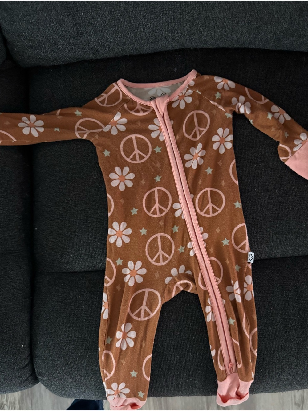 Brown & Pink Peace Sign Footed One-Piece for Kids